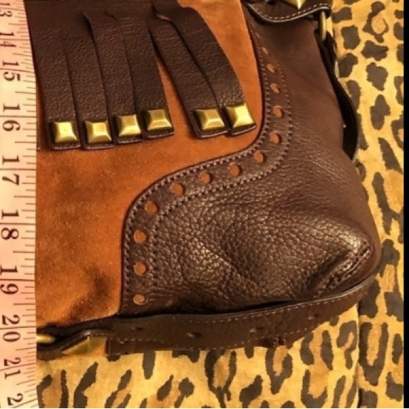 Micheal Kors size X- large brown suede bag brass studded leather fringe - Picture 15 of 16
